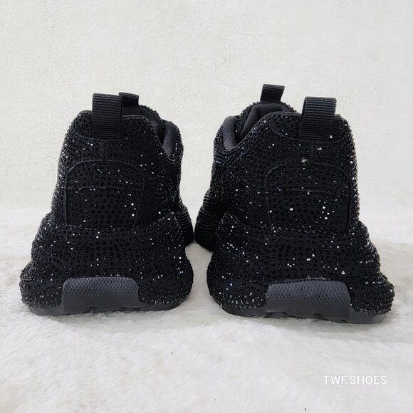 Cush Dazzle Sport Rhinestone Comfy Platform Light Weight Sneakers Black - Picture 5 of 7